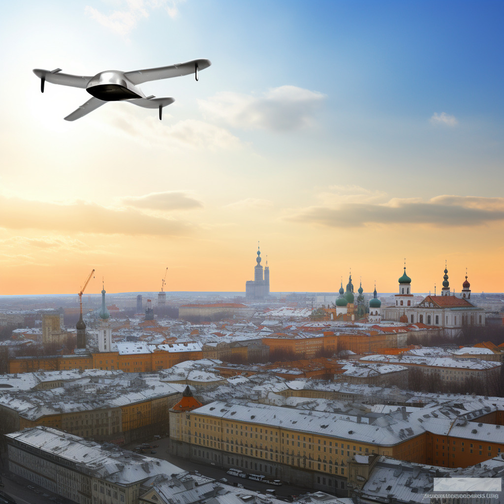 Midjourney Prompt: press photo fixed wing drone over moscow --s 0