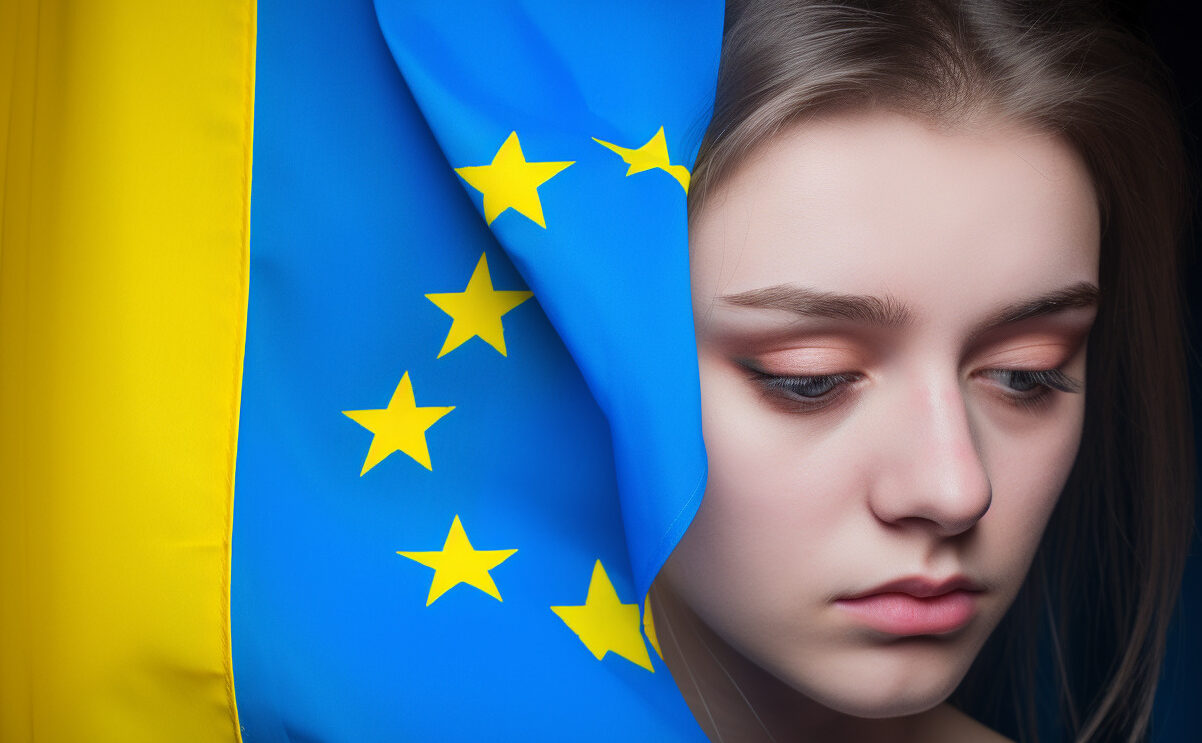 Midjourney Symbolbiild Frau mit ukrainischer Flagge