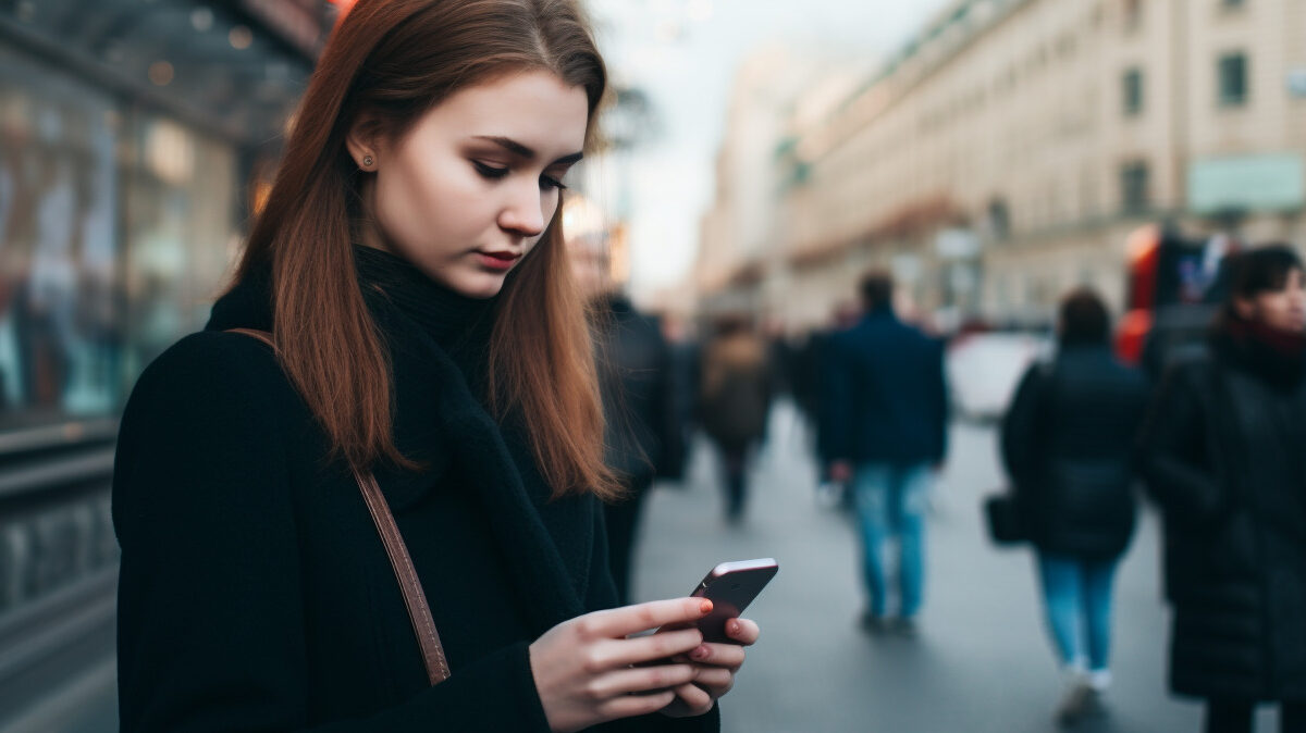 Midjourney-Symbolbild: Frau betrachtet ihr Smartphone.